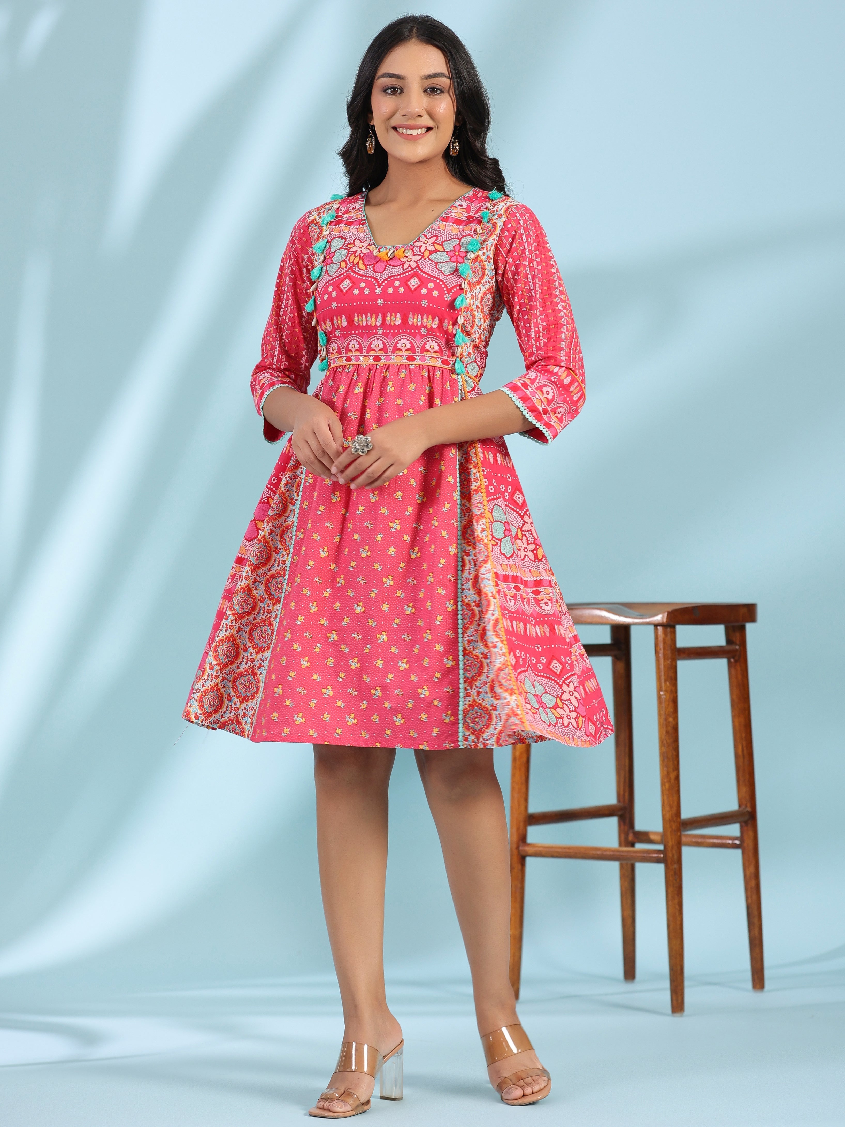 Pink Pure Cotton Floral Printed Panelled Short Dress With Contrasting 