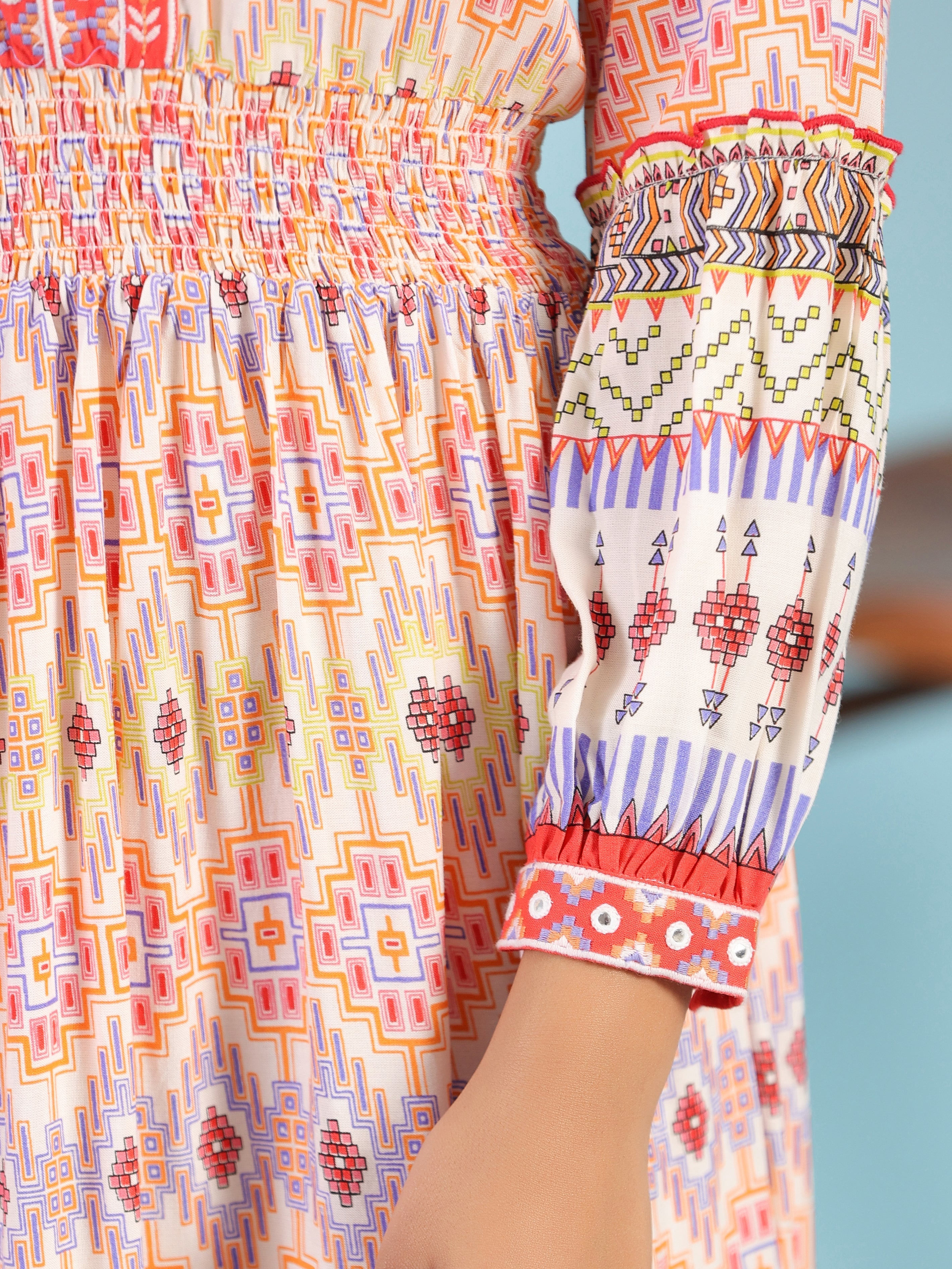 Off-White Rayon Geometric Printed Tiered Maxi Dress With Mirror Work |