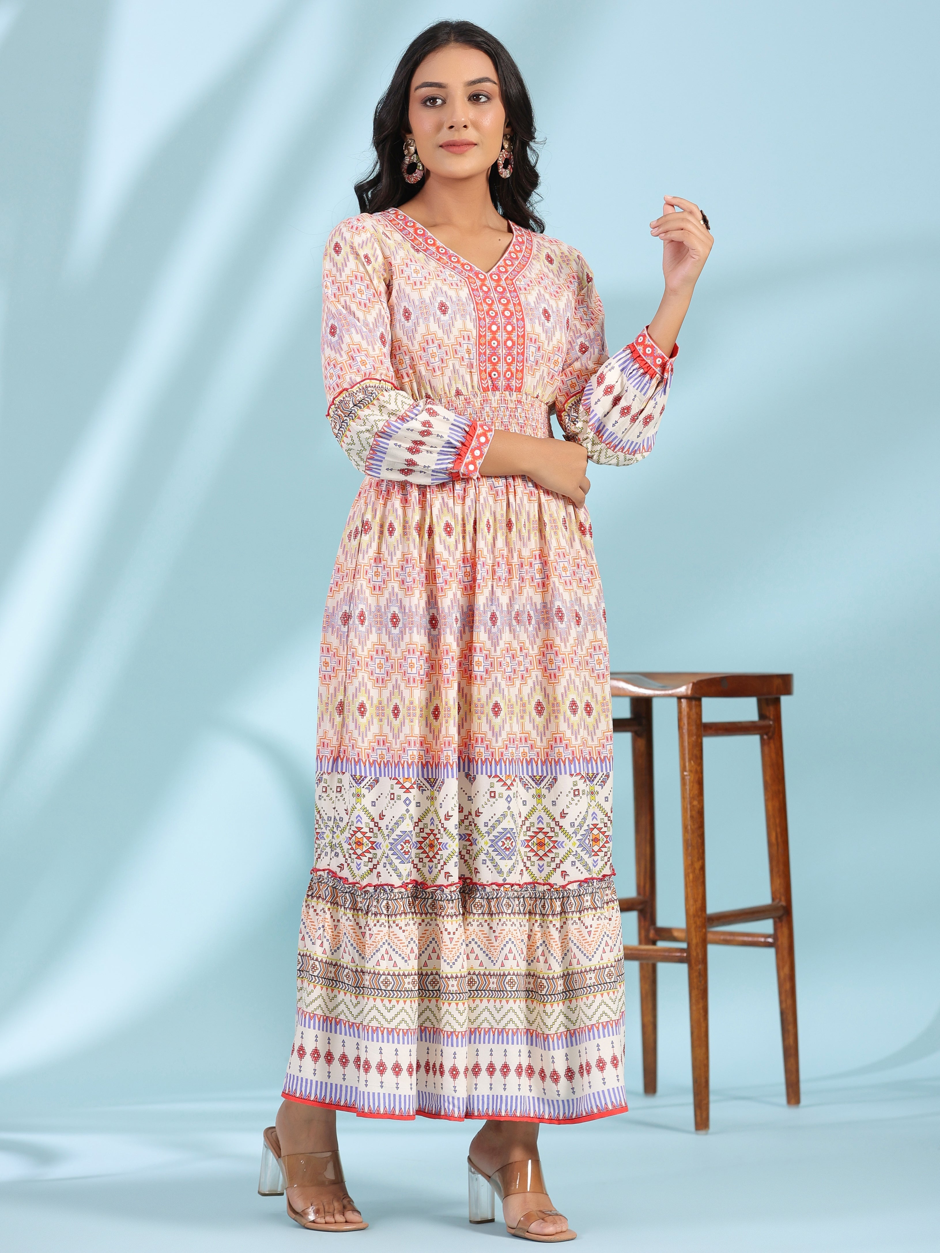 Off-White Rayon Geometric Printed Tiered Maxi Dress With Mirror Work |