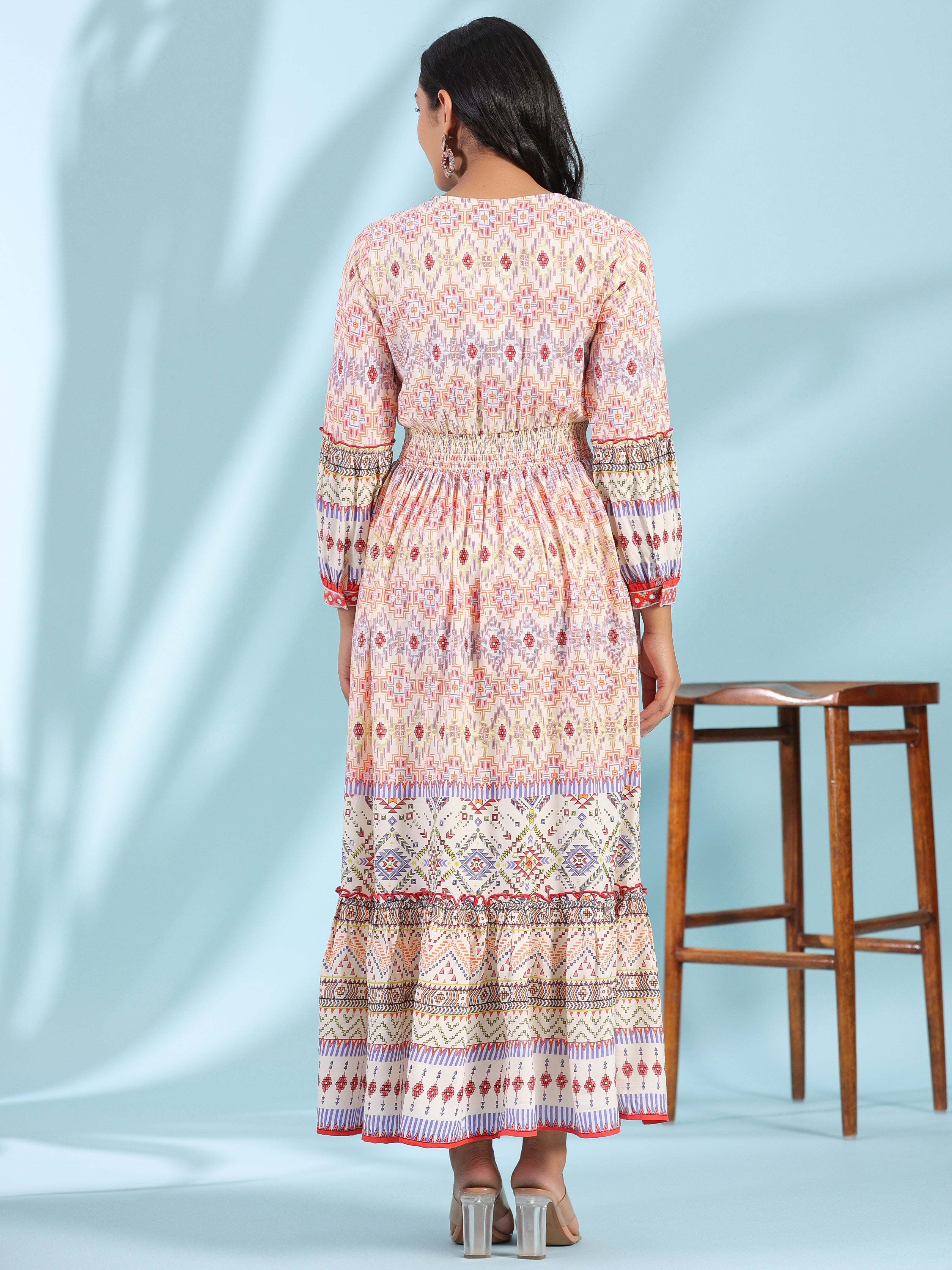 Off-White Rayon Geometric Printed Tiered Maxi Dress With Mirror Work |