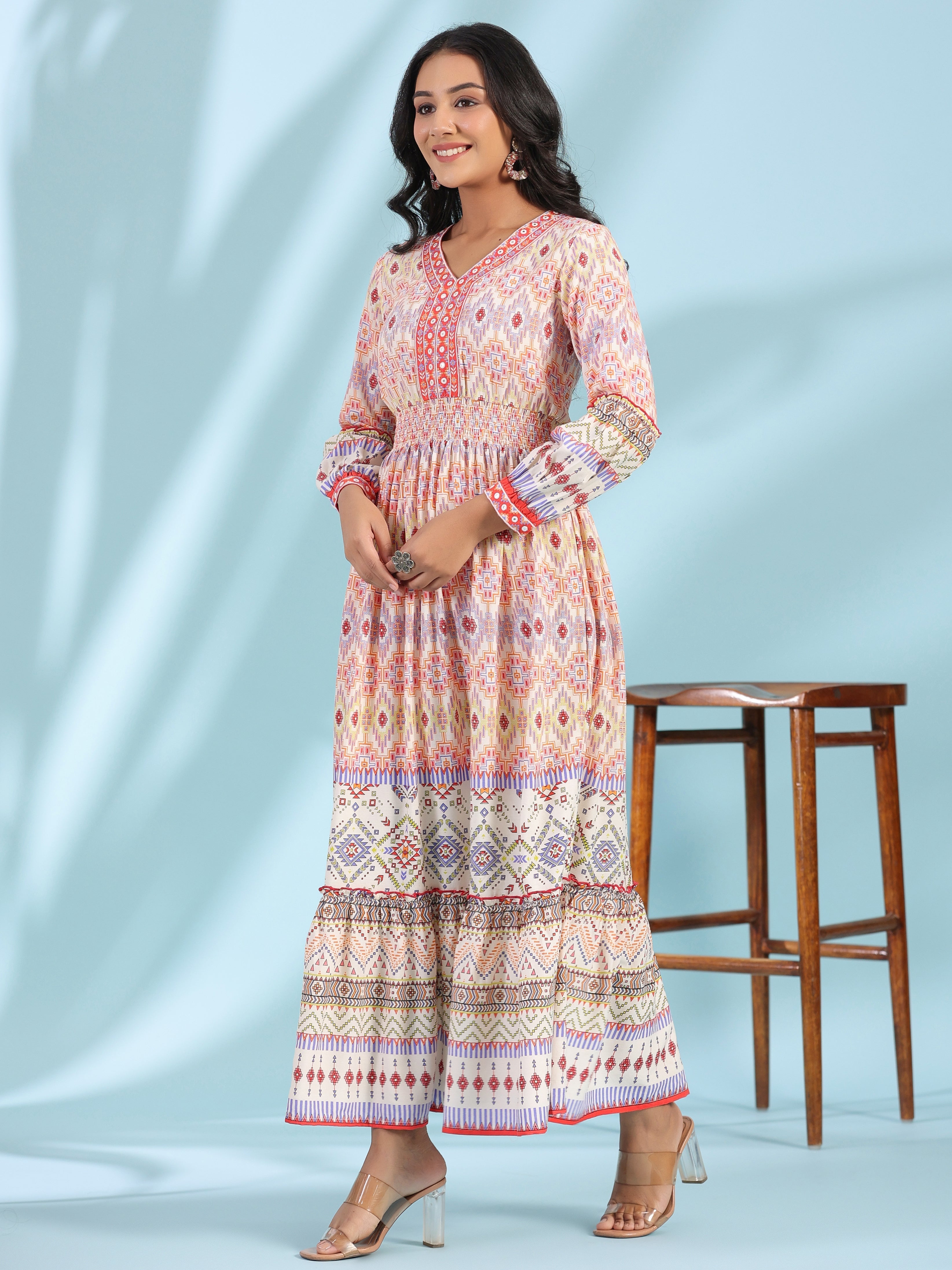 Off-White Rayon Geometric Printed Tiered Maxi Dress With Mirror Work |