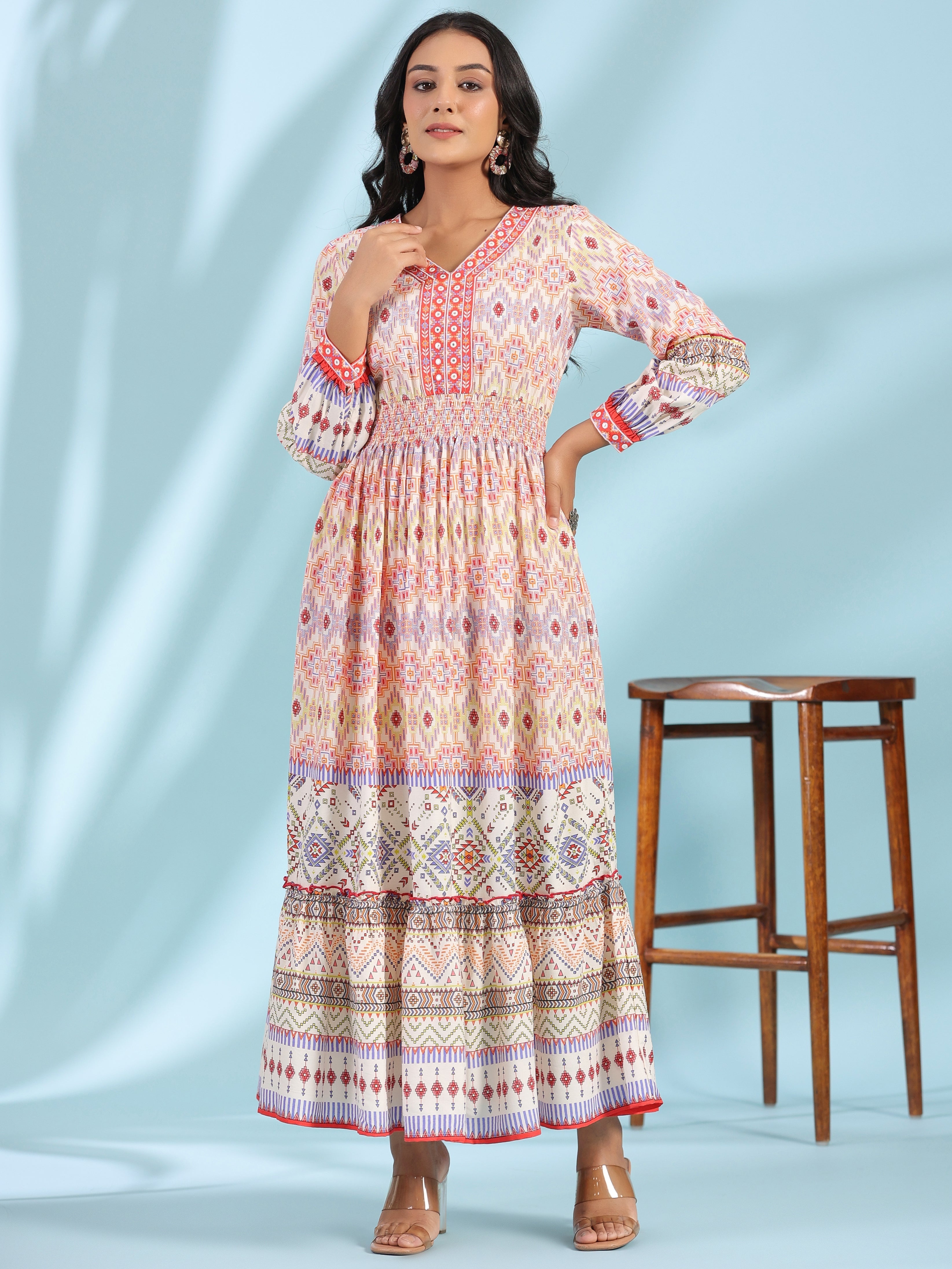 Off-White Rayon Geometric Printed Tiered Maxi Dress With Mirror Work |