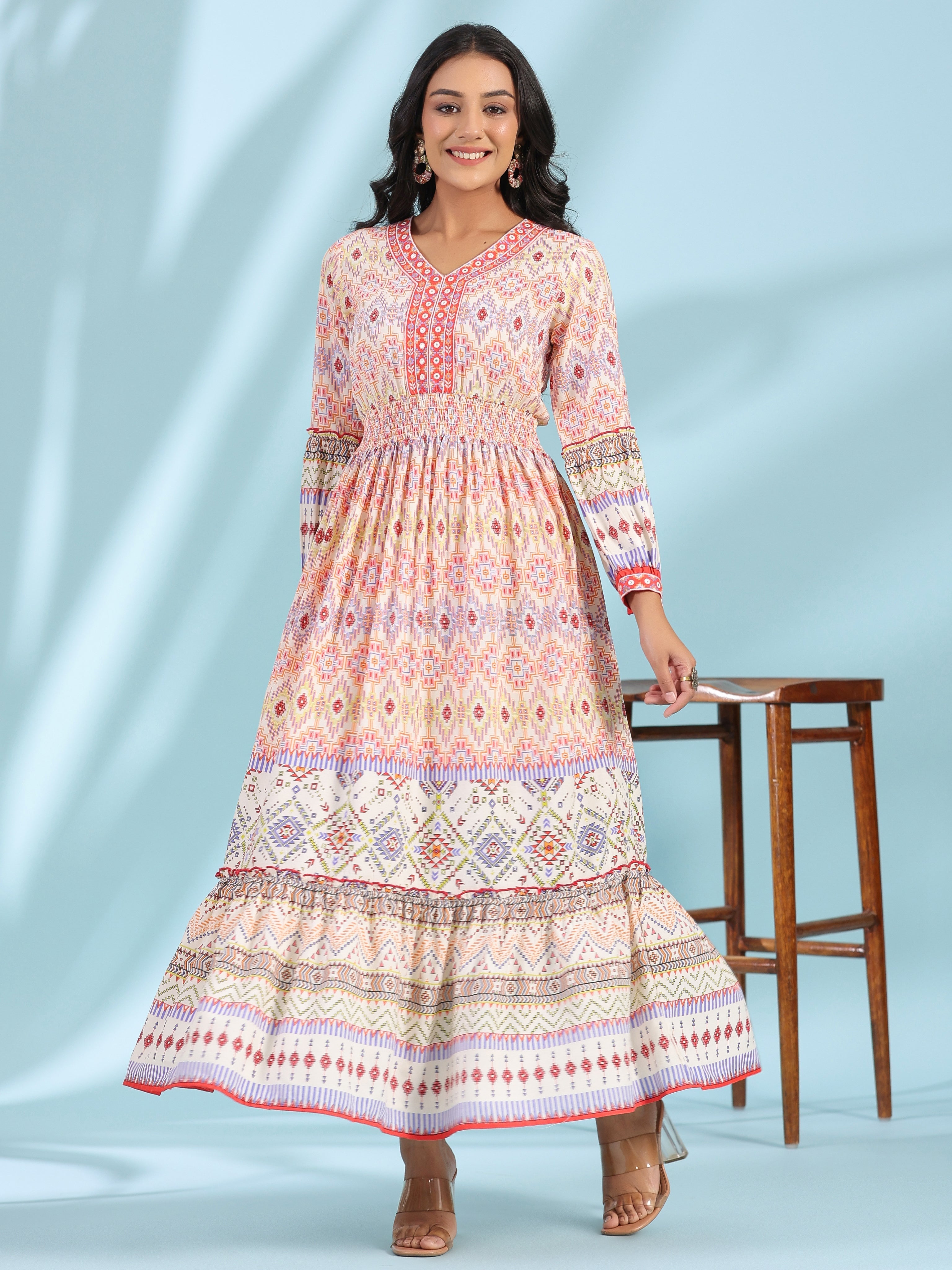 Off-White Rayon Geometric Printed Tiered Maxi Dress With Mirror Work |