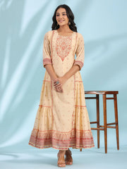 Festive Ivory Ethnic Motif Printed Tiered Dress With Sequins & Beadwork-S4466IVORY