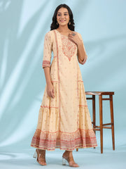 Festive Ivory Ethnic Motif Printed Tiered Dress With Sequins & Beadwork-S4466IVORY