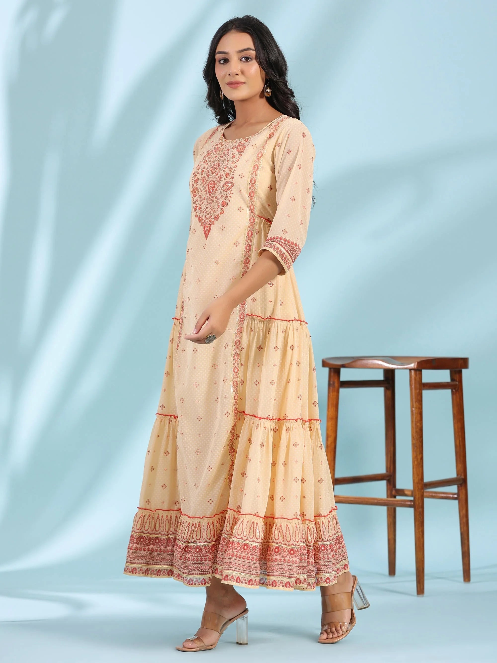Ivory Printed Tiered Dress with Sequins & Beads | Indian Dresses