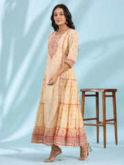 Festive Ivory Ethnic Motif Printed Tiered Dress With Sequins & Beadwork-S4466IVORY