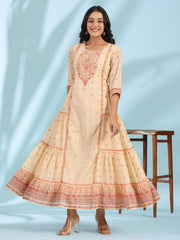 Festive Ivory Ethnic Motif Printed Tiered Dress With Sequins & Beadwork-S4466IVORY