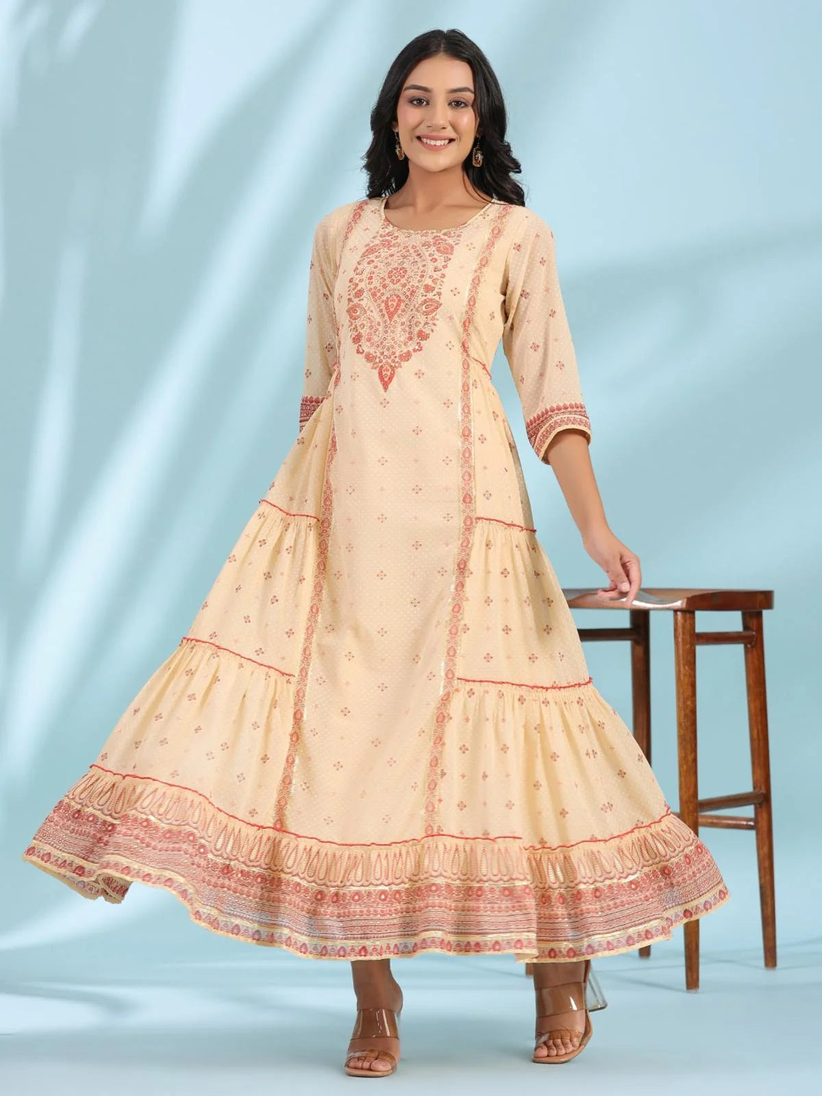 Ivory Printed Tiered Dress with Sequins & Beads | Indian Dresses