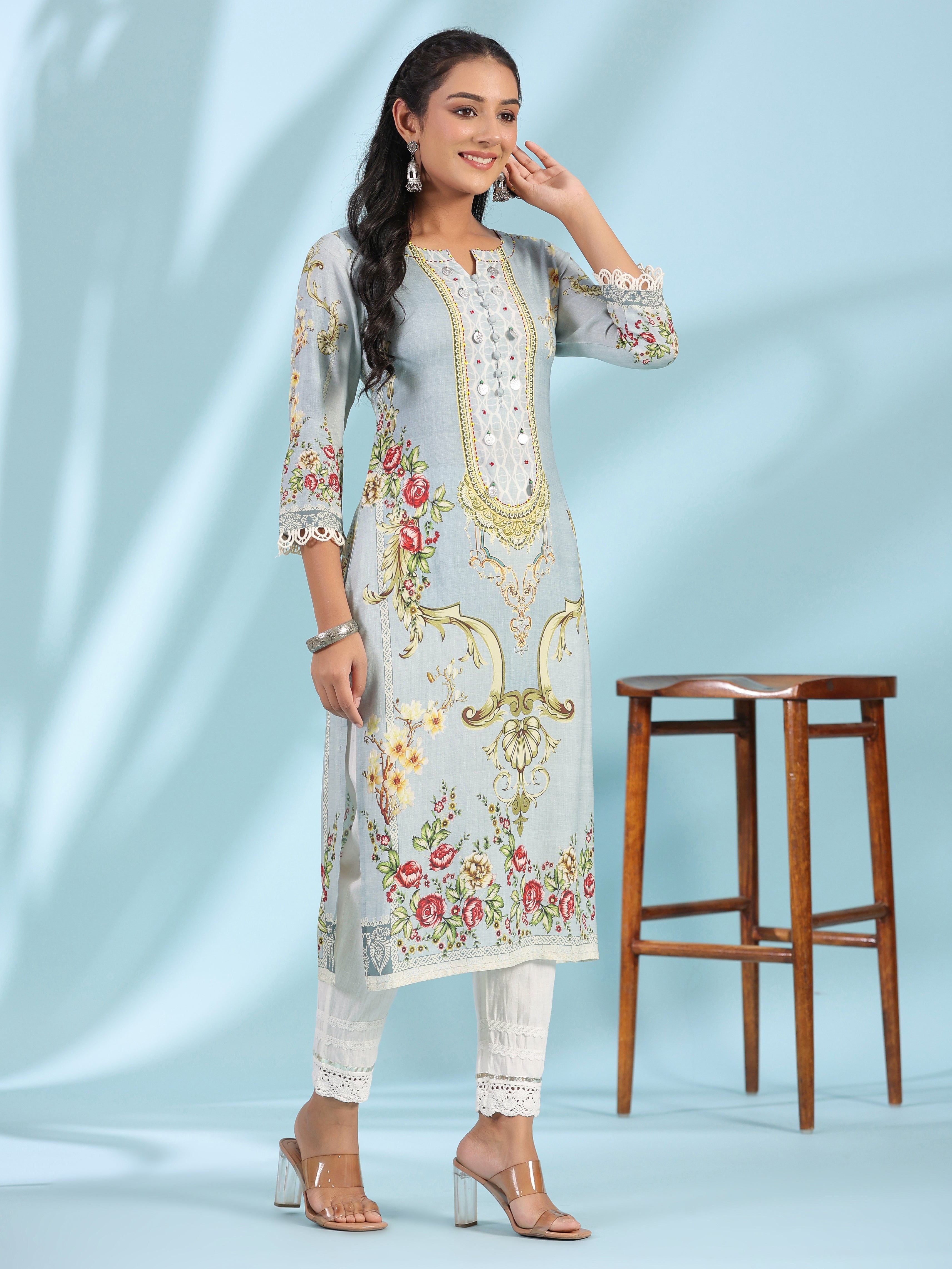 Grey Rayon Floral Printed Round Neck Kurta With Beadwork | DesiQlo