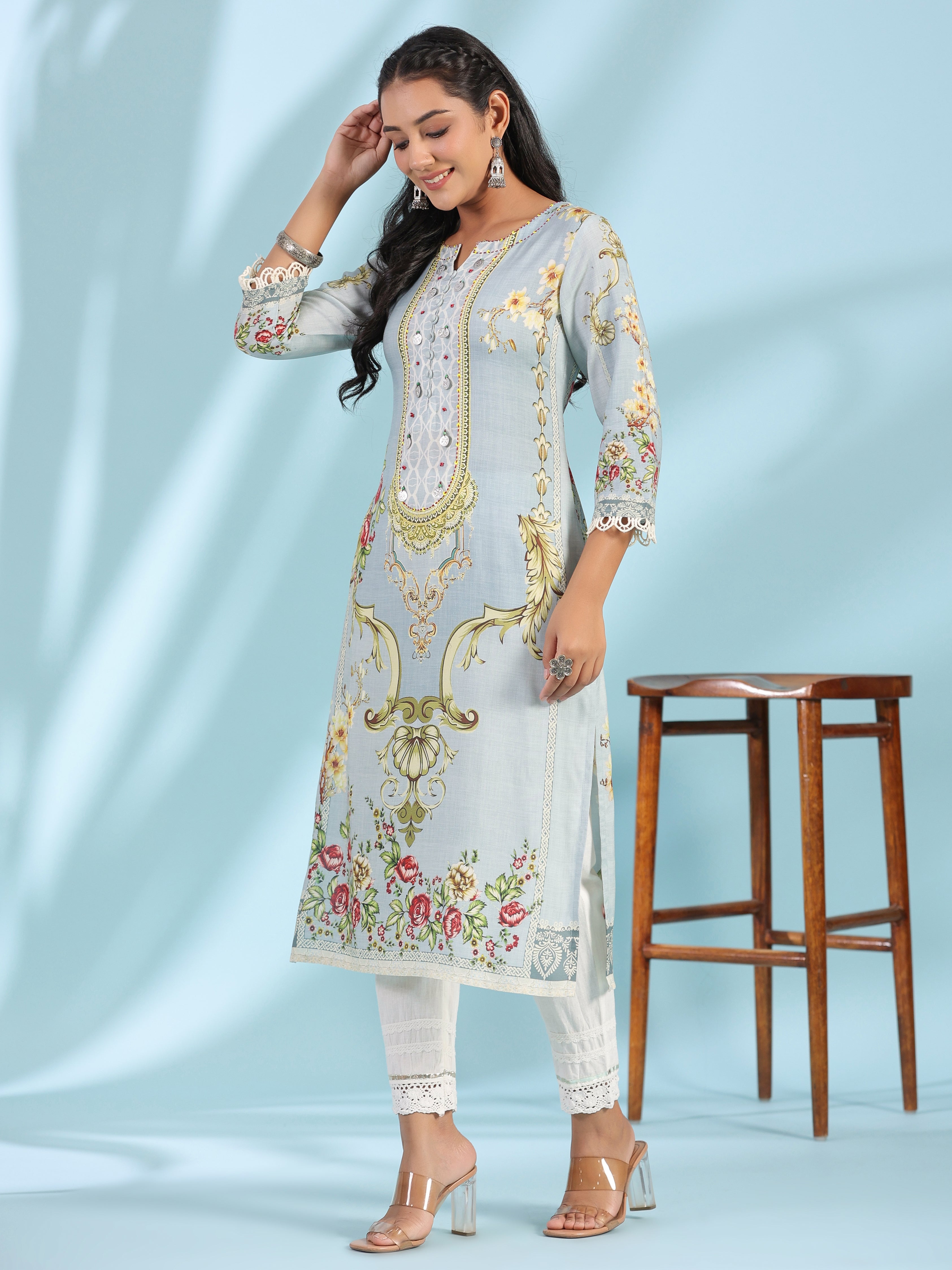 Grey Rayon Floral Printed Round Neck Kurta With Beadwork | DesiQlo