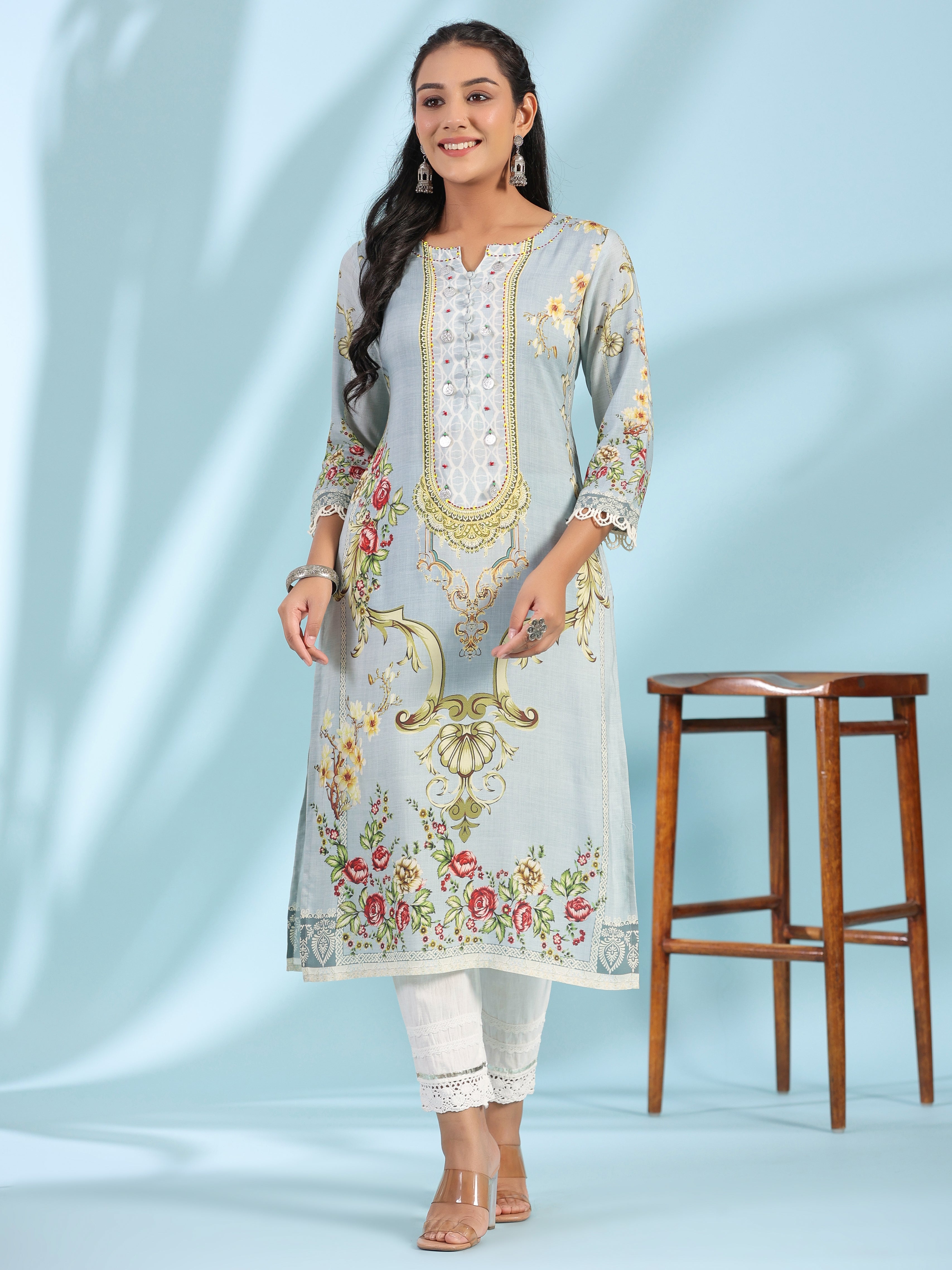 Grey Rayon Floral Printed Round Neck Kurta With Beadwork | DesiQlo
