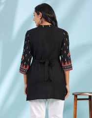 Black Rayon Ikat Placement Printed High-Low Tunic With Side Slits & Tassels-S4472BLACK
