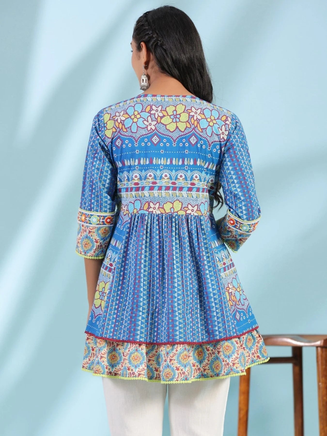 Blue Floral Printed Cotton Tunic Top - Indian Kurtis Online
