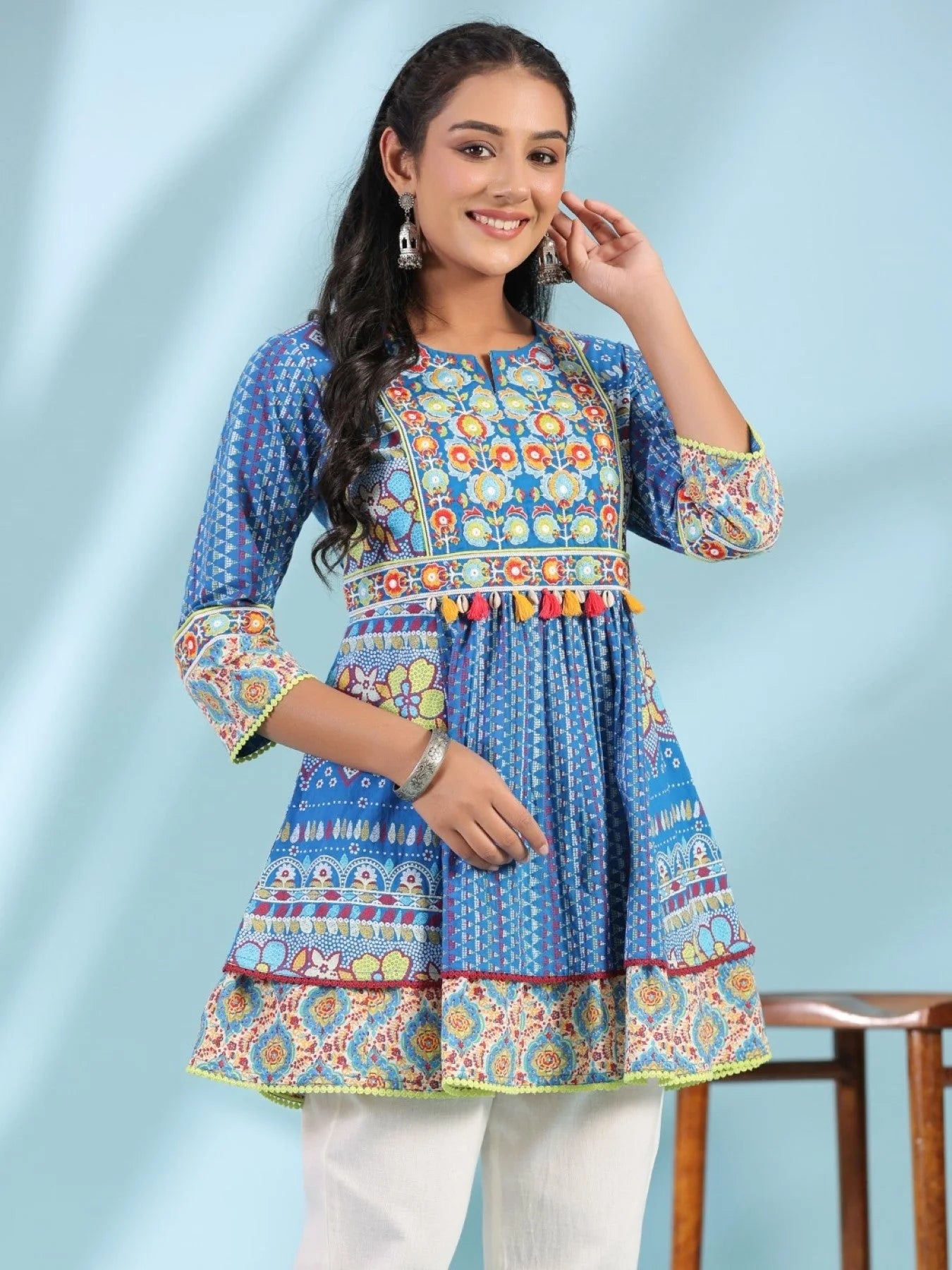 Blue Floral Printed Cotton Tunic Top - Indian Kurtis Online