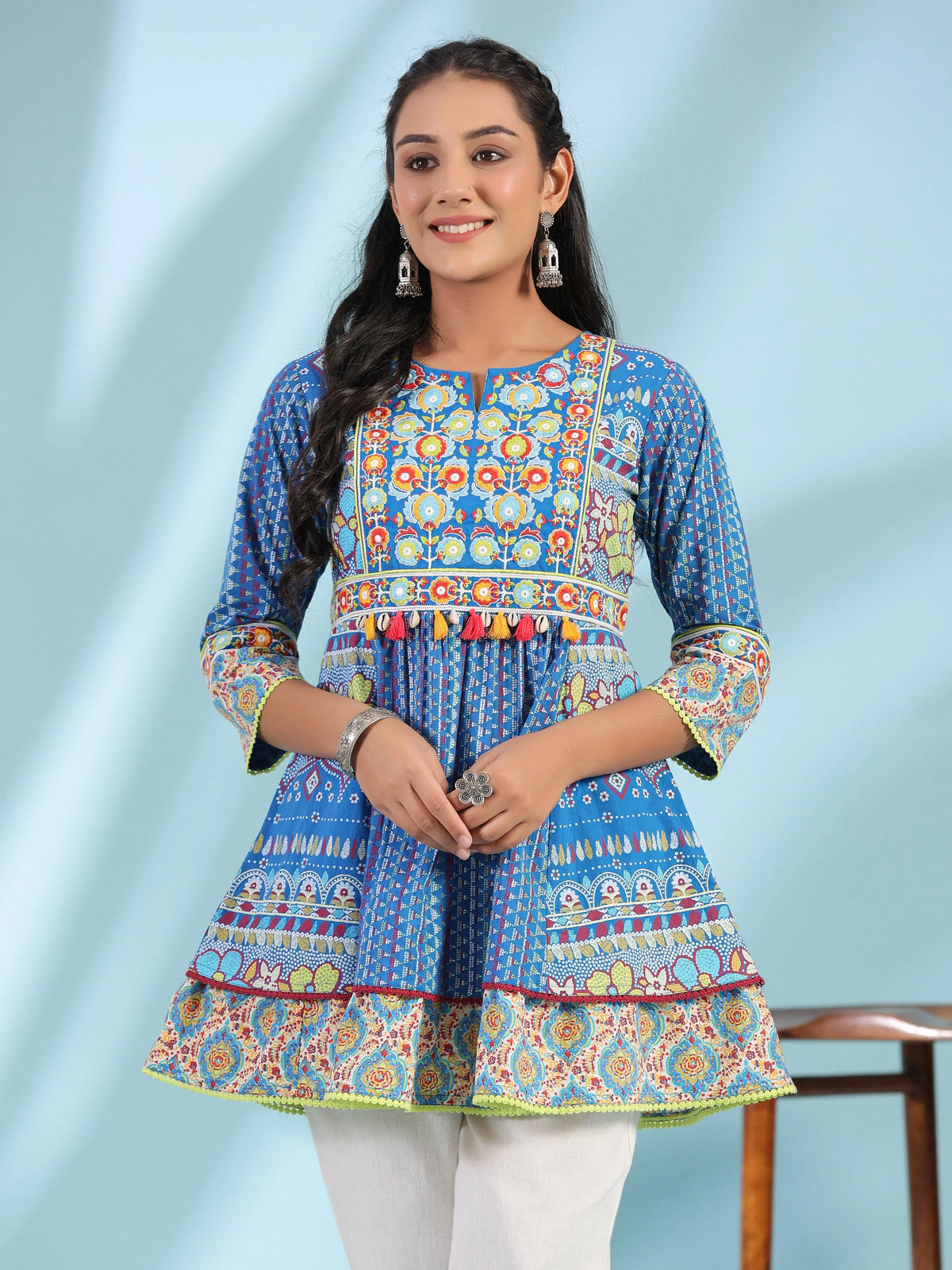 The Sujani Blue Floral Printed Pure Cotton Tunic With Thread Work-S4477BLUE