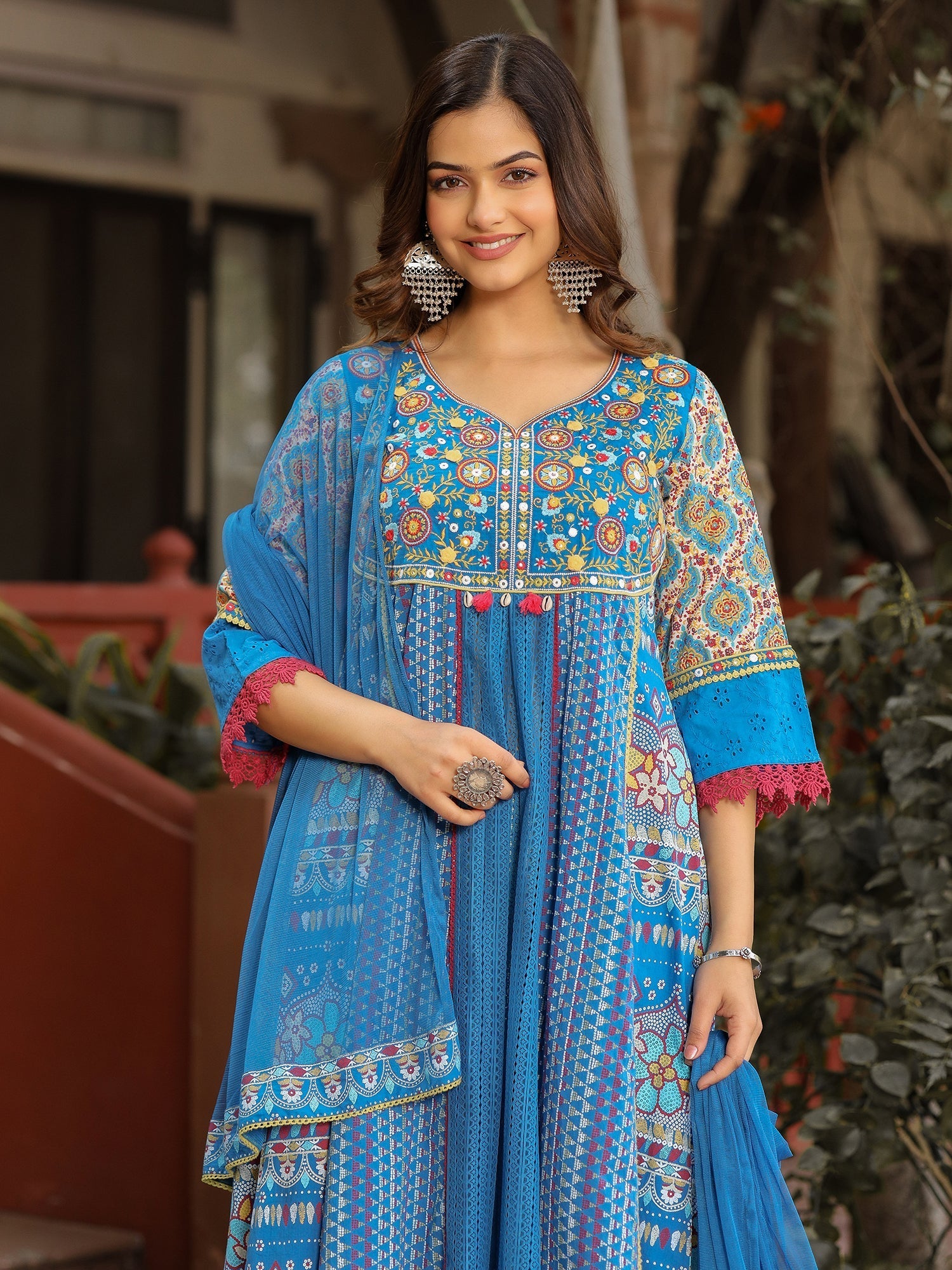 Sujani Blue Cotton & Net Floral Printed & Embroidered Panelled Kurta W