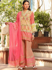 Green Cotton Ikat Printed Short Kurta Bell Bottom & Dupatta With Threaded Embroidery & Kaudis-S4486GREEN