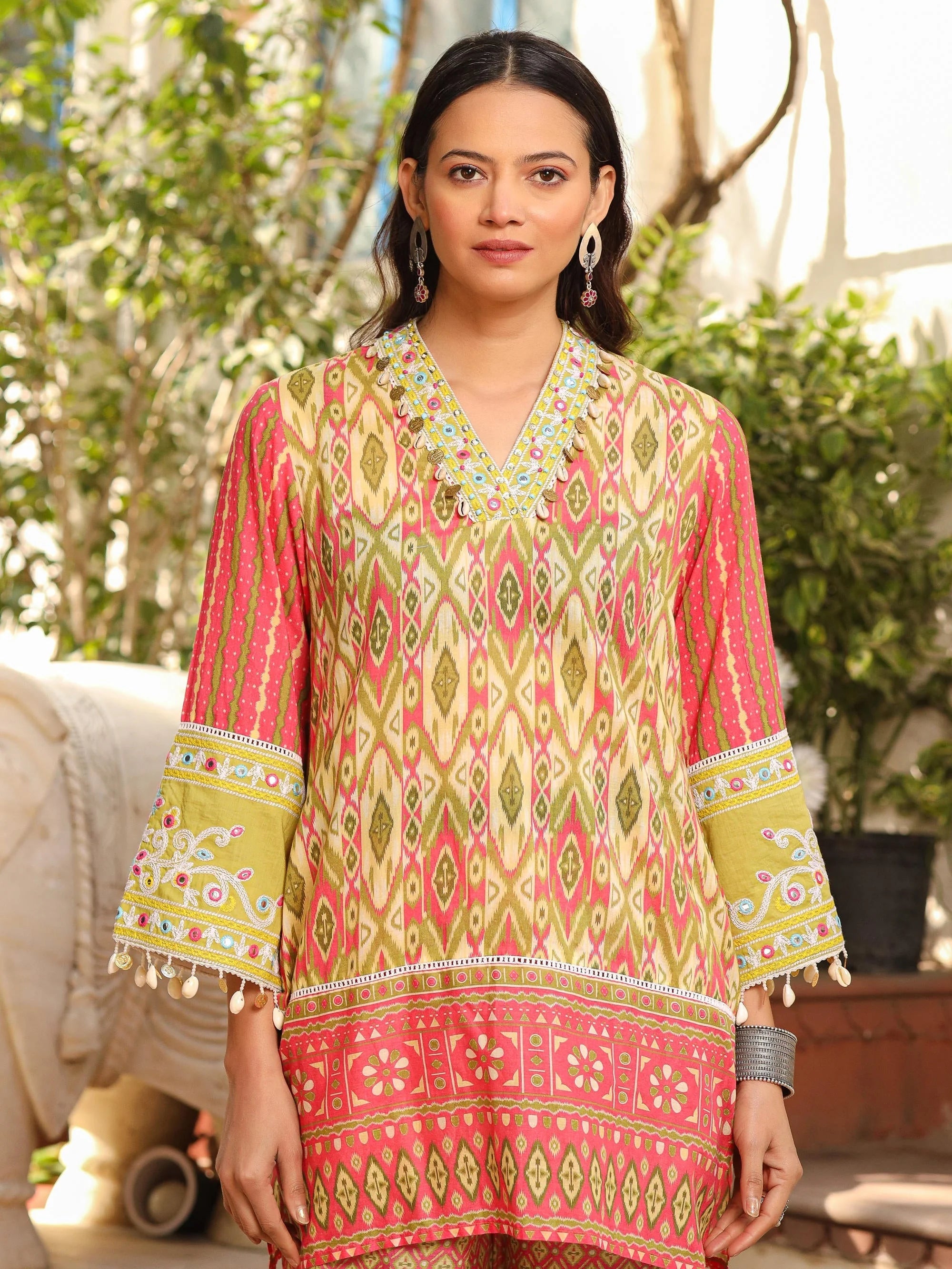 Green Ikat Printed Short Kurta Bell Bottom | Indian Kurtas