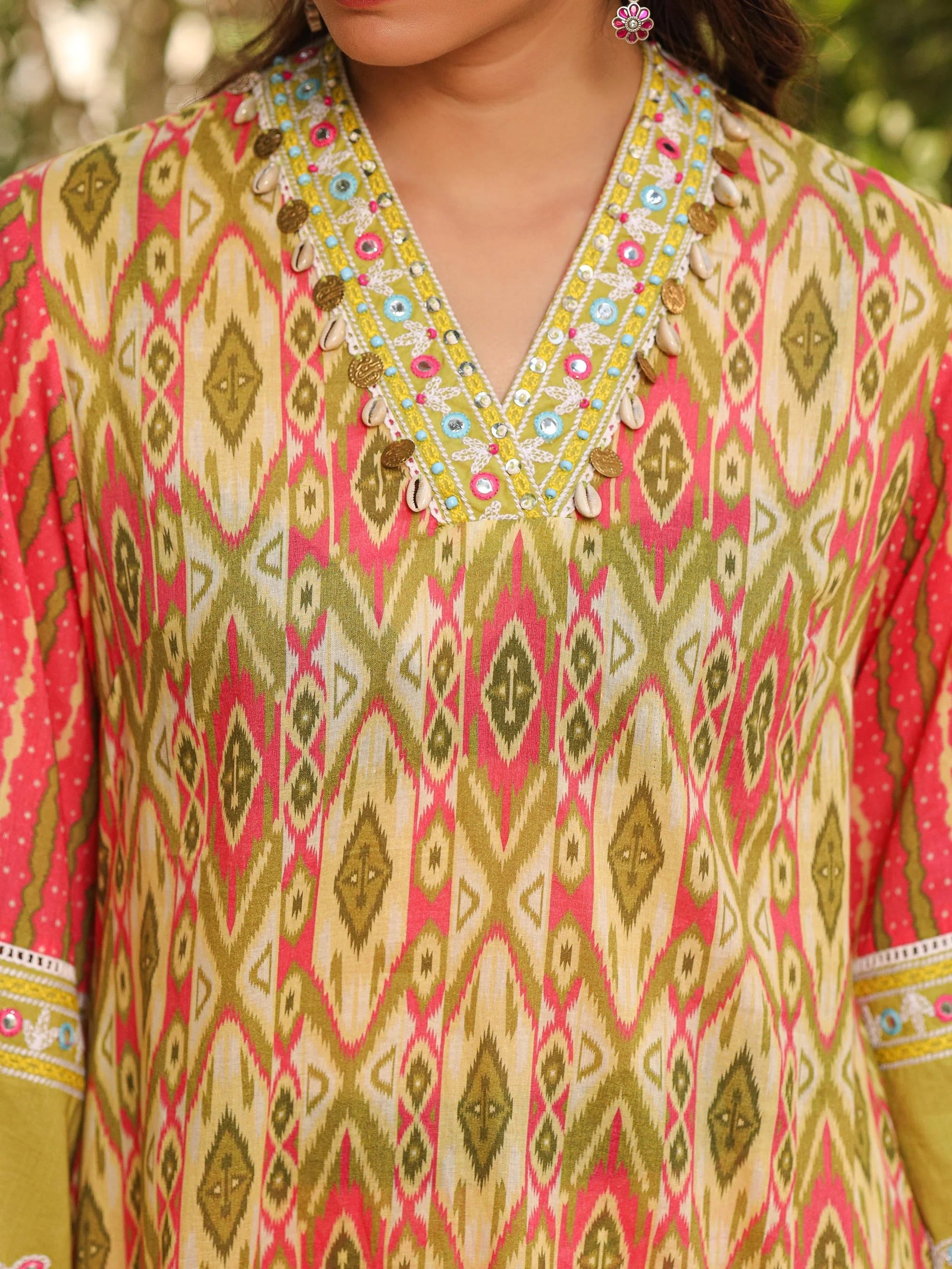 Green Ikat Printed Short Kurta Bell Bottom | Indian Kurtas