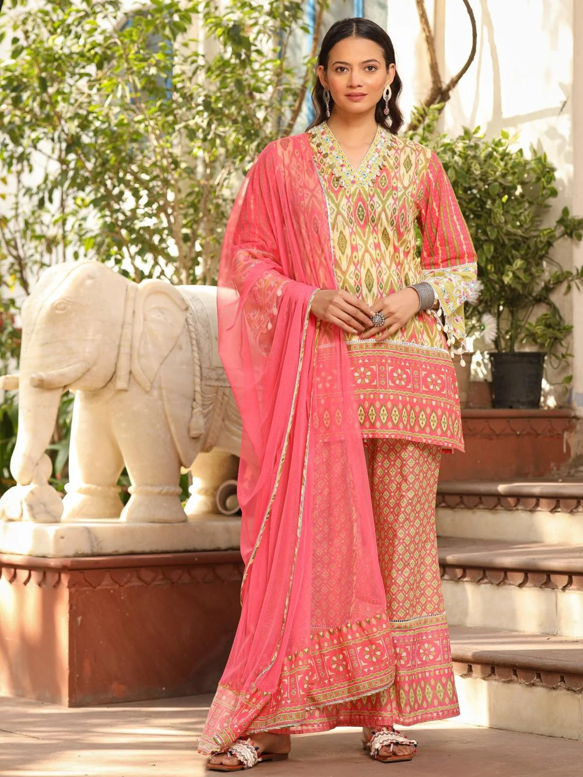 Green Cotton Ikat Printed Short Kurta Bell Bottom & Dupatta With Threaded Embroidery & Kaudis-S4486GREEN