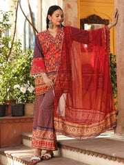 Rust Ikat Printed Cotton Voile Kurta Bell Bottom & Dupatta Set  With Coins Kaudis & Mirror Work-S4486RUST