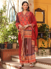 Rust Ikat Printed Cotton Voile Kurta Bell Bottom & Dupatta Set  With Coins Kaudis & Mirror Work-S4486RUST