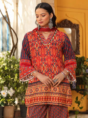 Rust Ikat Printed Cotton Voile Kurta Bell Bottom & Dupatta Set  With Coins Kaudis & Mirror Work-S4486RUST