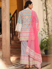 Sky Blue Ikat Printed Cotton Voile Kurta Bell Bottom & Dupatta Set  With Coins Kaudi & Mirror Work-S4486SKYBLUE
