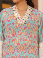 Sky Blue Ikat Printed Cotton Voile Kurta Bell Bottom & Dupatta Set  With Coins Kaudi & Mirror Work-S4486SKYBLUE