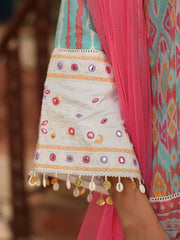 Sky Blue Ikat Printed Cotton Voile Kurta Bell Bottom & Dupatta Set  With Coins Kaudi & Mirror Work-S4486SKYBLUE