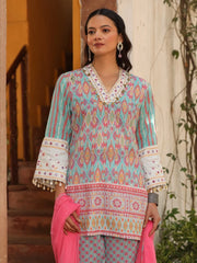 Sky Blue Ikat Printed Cotton Voile Kurta Bell Bottom & Dupatta Set  With Coins Kaudi & Mirror Work-S4486SKYBLUE