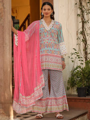 Sky Blue Ikat Printed Cotton Voile Kurta Bell Bottom & Dupatta Set  With Coins Kaudi & Mirror Work-S4486SKYBLUE