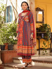 Rust Pure Cotton Ikat Printed Alia Cut Anarkali Kurta Set With Tassels & Thread  Embroidery-S4487RUST