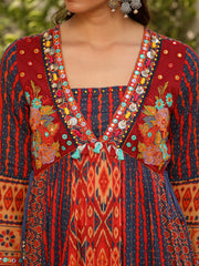 Rust Pure Cotton Ikat Printed Alia Cut Anarkali Kurta Set With Tassels & Thread  Embroidery-S4487RUST