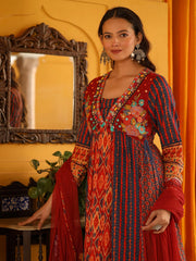 Rust Pure Cotton Ikat Printed Alia Cut Anarkali Kurta Set With Tassels & Thread  Embroidery-S4487RUST