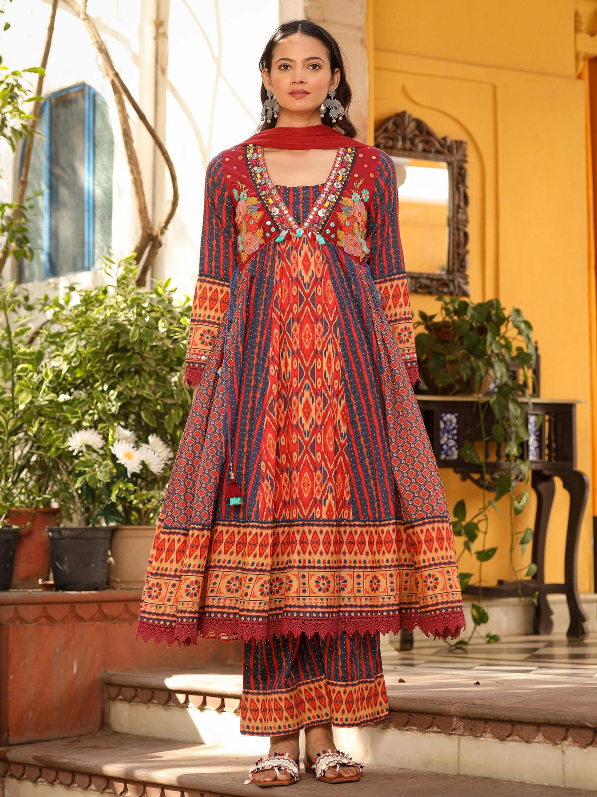 Rust Pure Cotton Ikat Printed Alia Cut Anarkali Kurta Set With Tassels & Thread  Embroidery-S4487RUST