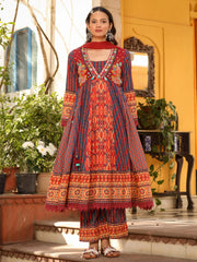 Rust Pure Cotton Ikat Printed Alia Cut Anarkali Kurta Set With Tassels & Thread  Embroidery-S4487RUST