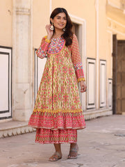 Green Cotton Ikat Printed Layered Maxi Dress With Thread Embroidery & Dori Tassel Tie-Up At Waist-S4491GREEN