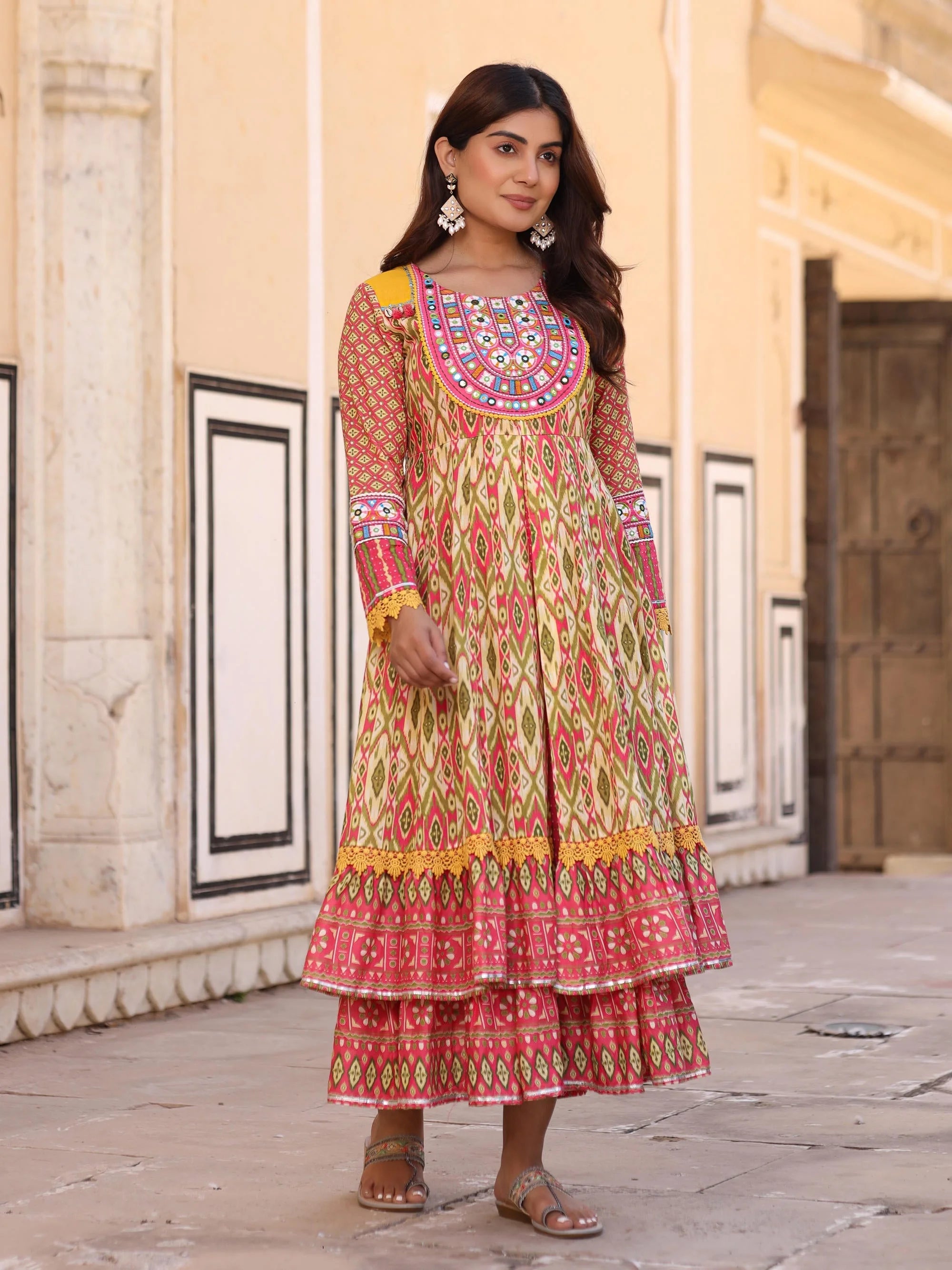 Green Ikat Cotton Maxi Dress Online | Indian Dresses
