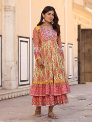 Green Cotton Ikat Printed Layered Maxi Dress With Thread Embroidery & Dori Tassel Tie-Up At Waist-S4491GREEN