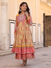 Green Cotton Ikat Printed Layered Maxi Dress With Thread Embroidery & Dori Tassel Tie-Up At Waist-S4491GREEN