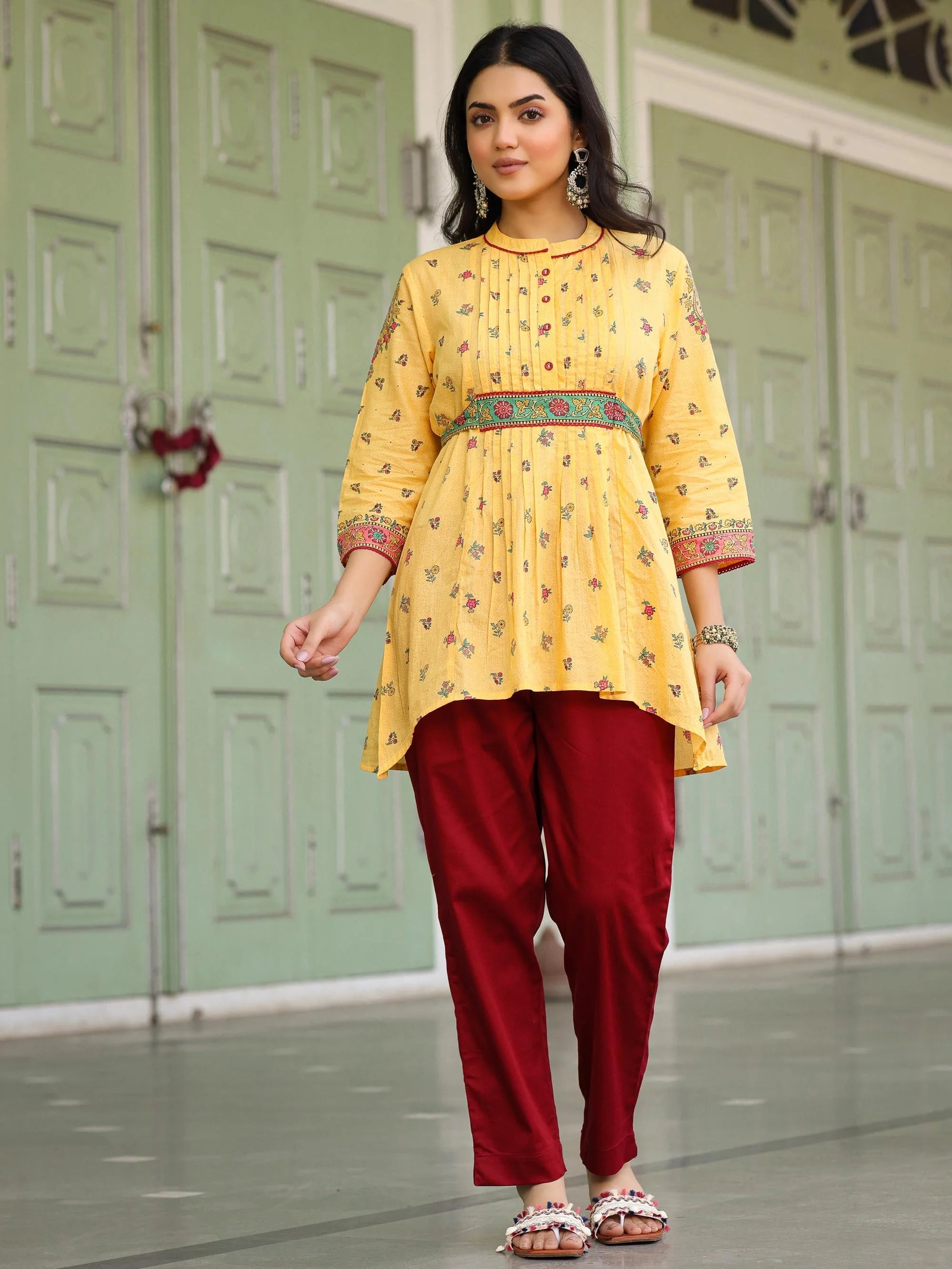 Mustard Floral Tunic Top - Indian Kurta for Women Online