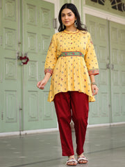 Mustard Floral Printed Cotton Voile Tunic With Lace Work-S4492MUSTARD