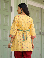 Mustard Floral Printed Cotton Voile Tunic With Lace Work-S4492MUSTARD