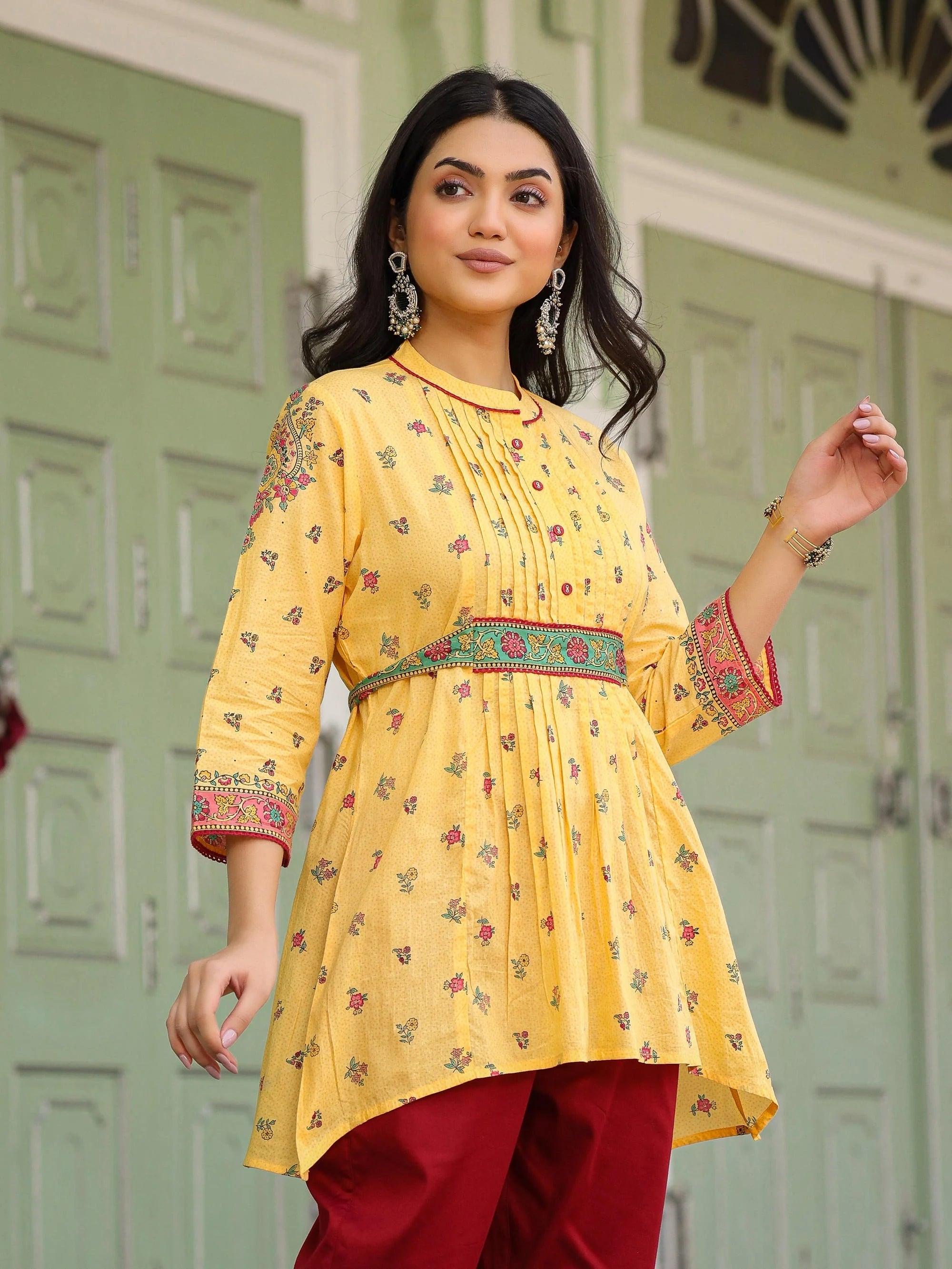 Mustard Floral Tunic Top - Indian Kurta for Women Online