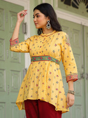 Mustard Floral Printed Cotton Voile Tunic With Lace Work-S4492MUSTARD