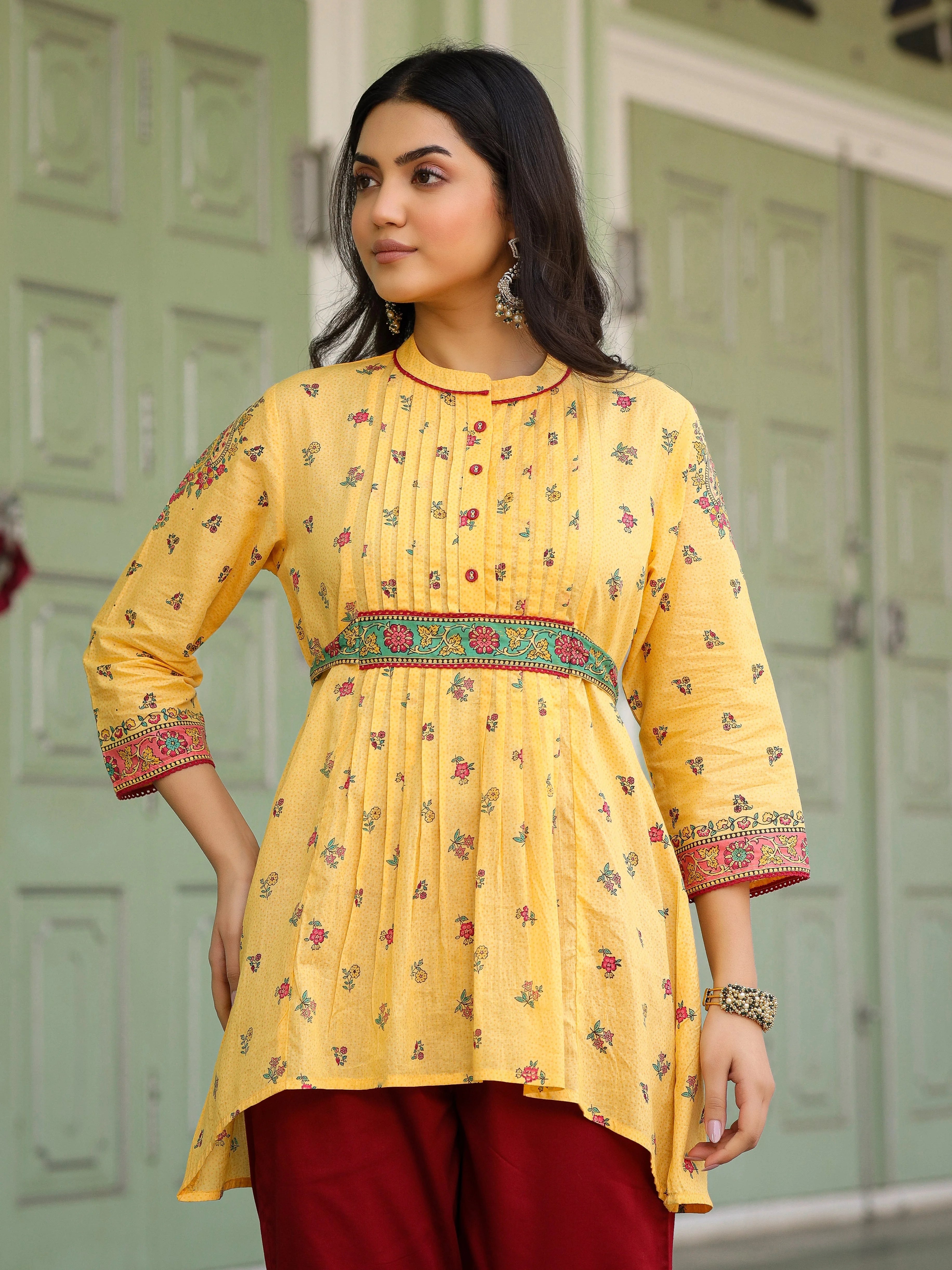 Mustard Floral Tunic Top - Indian Kurta for Women Online