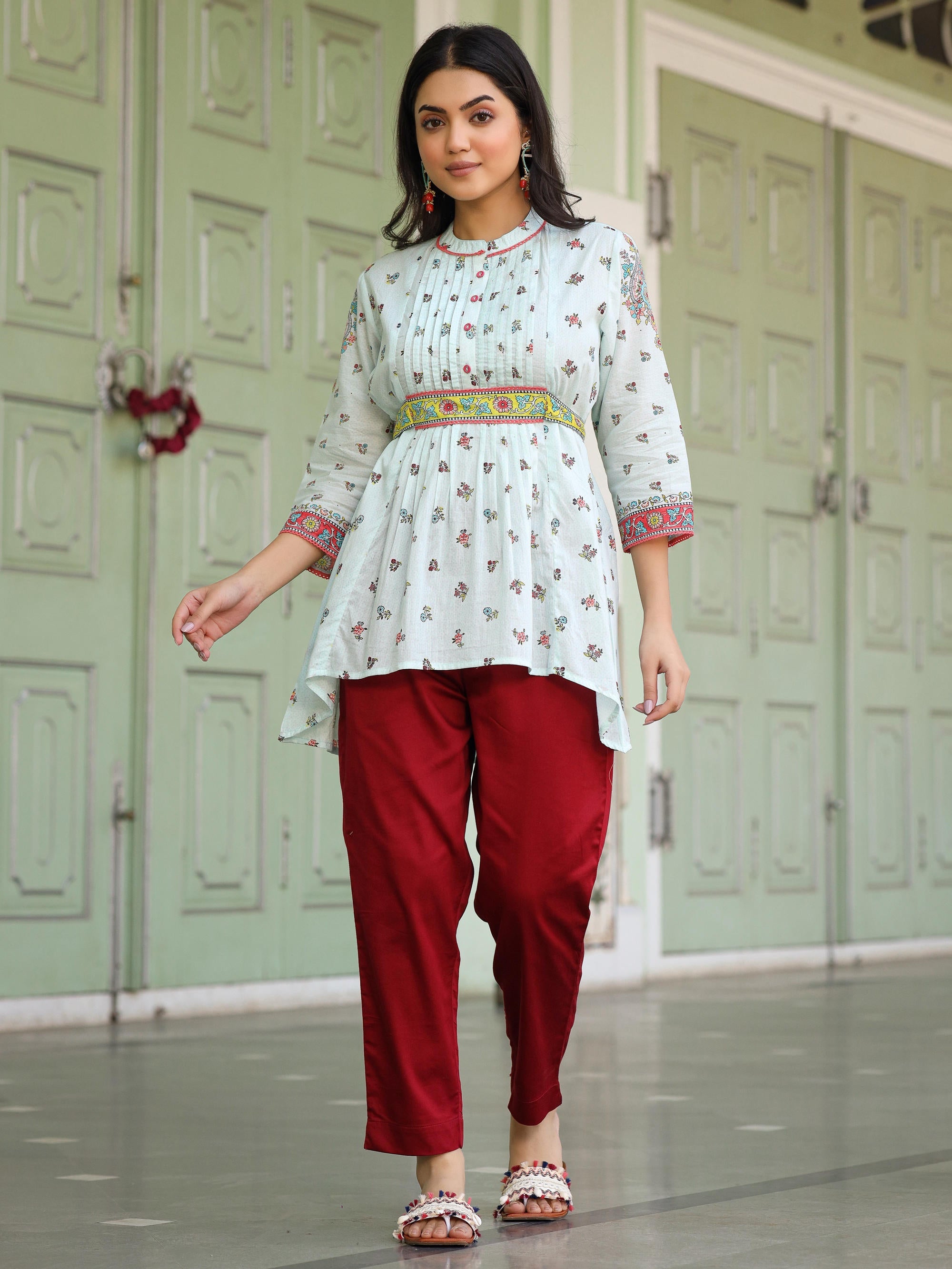Sky Blue Floral Tunic Top - Cotton Indian Kurta for Ladies