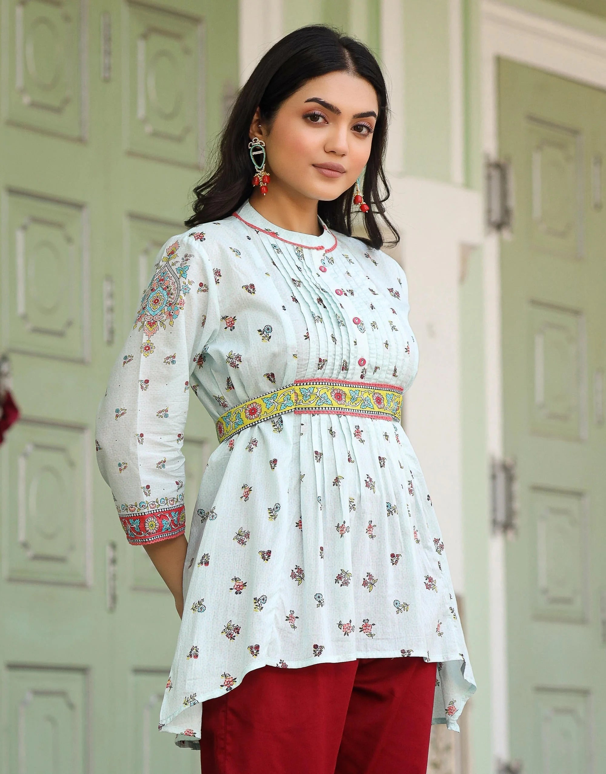 Sky Blue Floral Tunic Top - Cotton Indian Kurta for Ladies